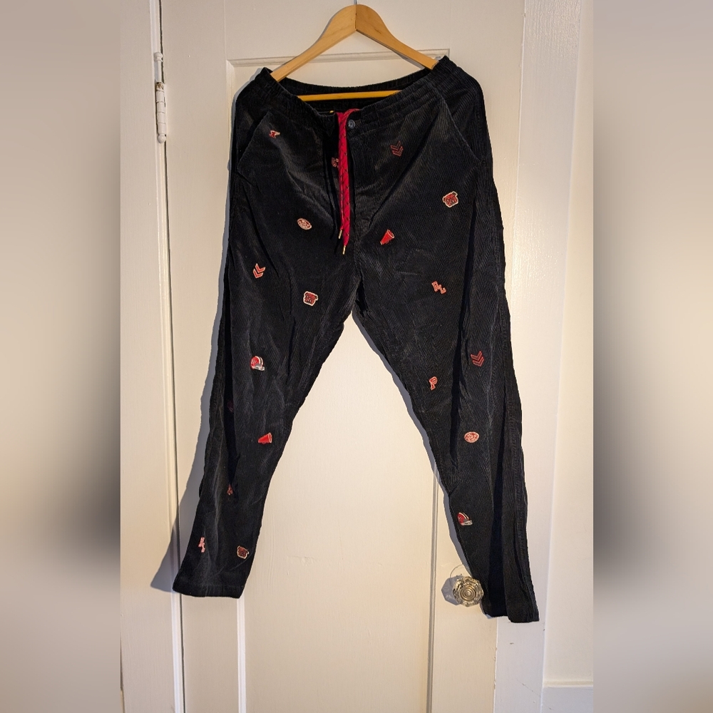 Black Corduroy Men Pants with Red Accents